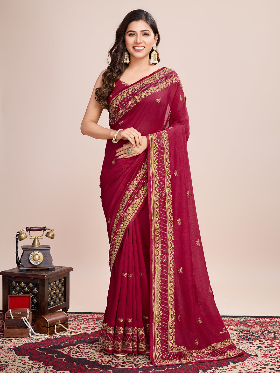 Soft Vichitra Silk MAroon Saree with Intricate Multicolor Floral Work & Coordinated Embroidered