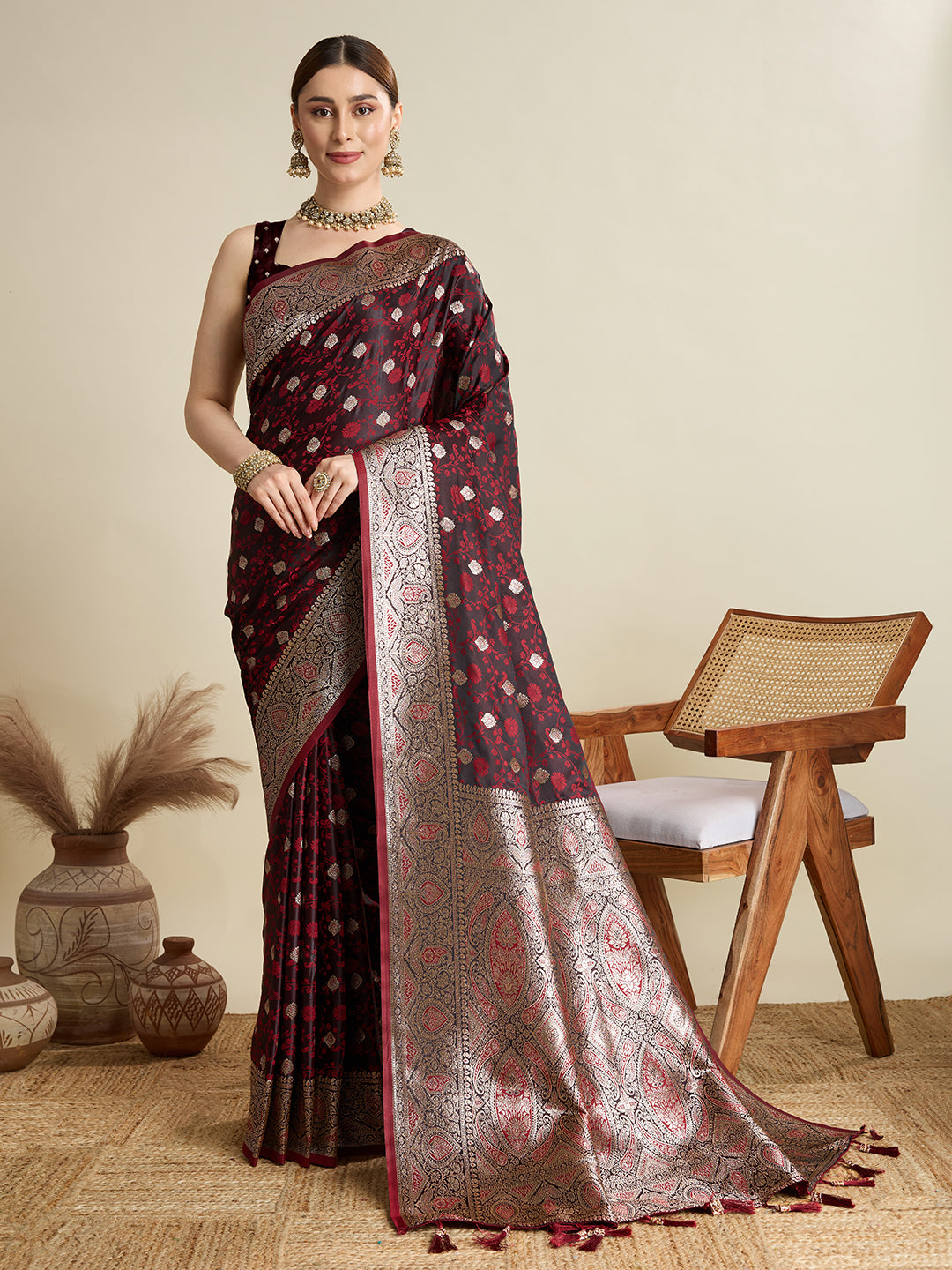 Soft Satin Silk Maroon Saree with Rich Zari Motifs, Contrast Border & Elegant Blouse