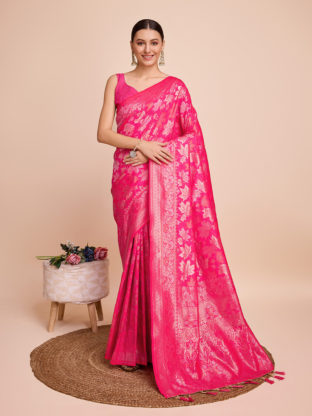 Pink Pure Silk Saree with Double Zari Weaving & Soft Zari Border