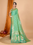 Green Soft Banarasi Silk Saree Featuring Meenakari Zari Weaving & Tassels on Pallu