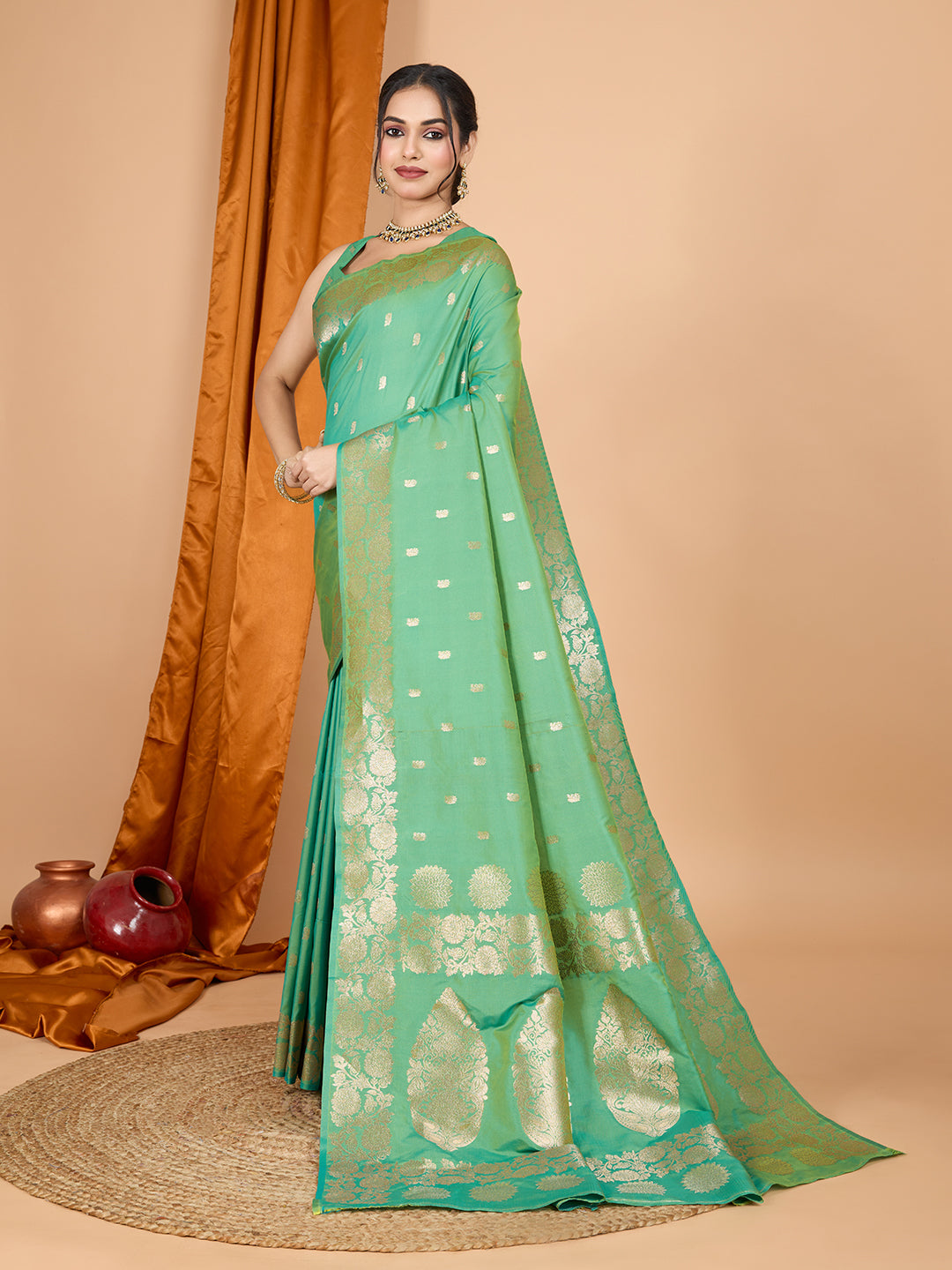 Green Soft Banarasi Silk Saree Featuring Meenakari Zari Weaving & Tassels on Pallu