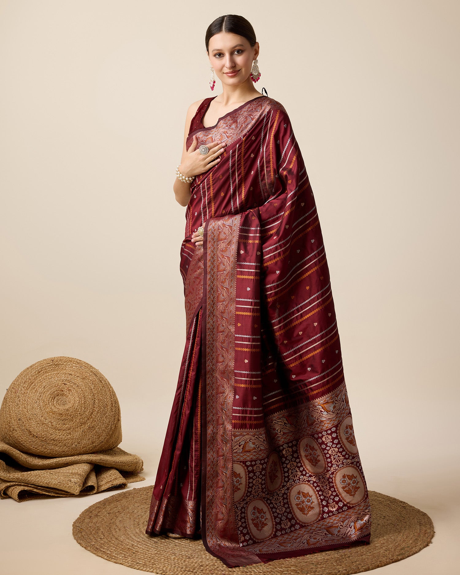 Maroon Pure Jacquard with Sona Chandi Zari – A Luxe Weave for Wedding & Festive Couture