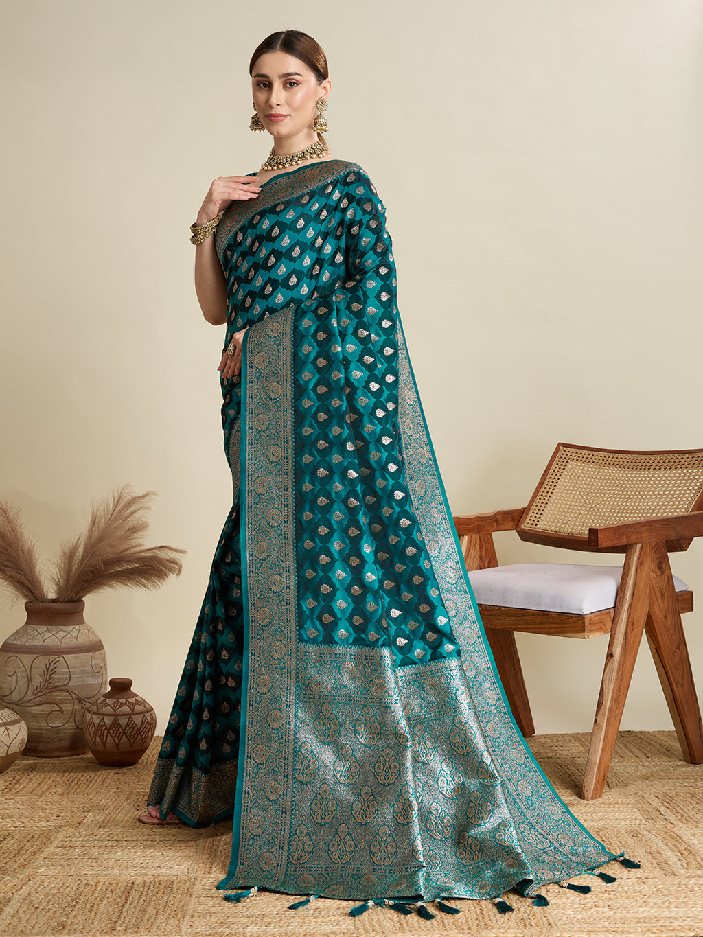 Soft Satin Silk Navy blue Saree with Rich Zari Motifs, Contrast Border & Elegant Blouse