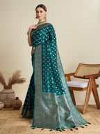 Soft Satin Silk Navy blue Saree with Rich Zari Motifs, Contrast Border & Elegant Blouse