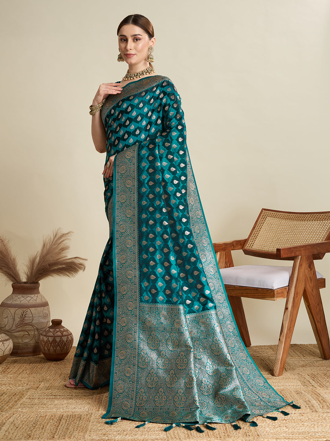 Soft Satin Silk Navy blue Saree with Rich Zari Motifs, Contrast Border & Elegant Blouse