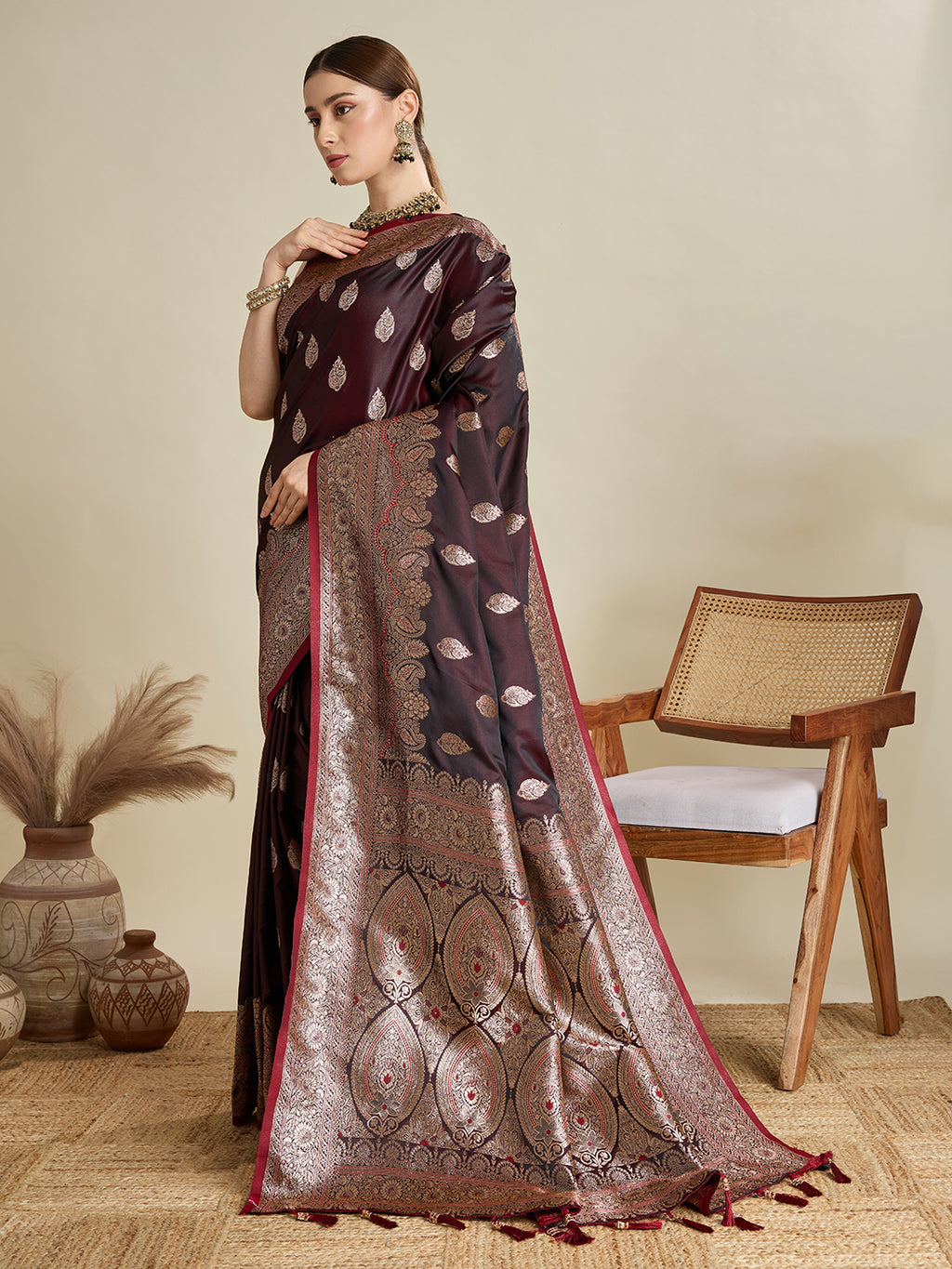 Soft Satin Silk Maroon Saree with Rich Zari Motifs, Contrast Border & Elegant Blouse