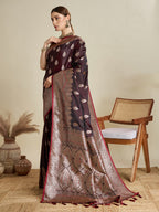 Soft Satin Silk Maroon Saree with Rich Zari Motifs, Contrast Border & Elegant Blouse
