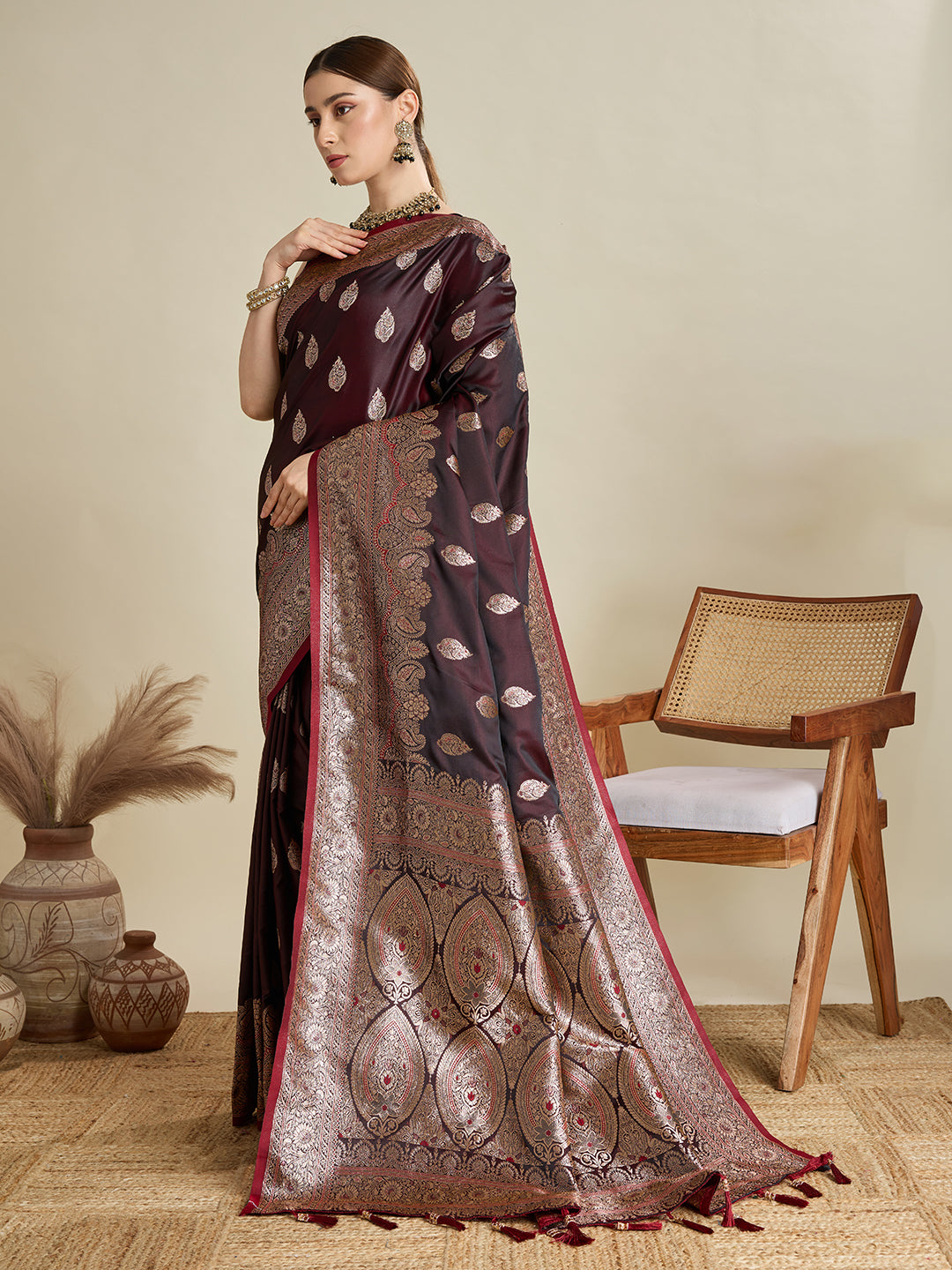 Soft Satin Silk Maroon Saree with Rich Zari Motifs, Contrast Border & Elegant Blouse