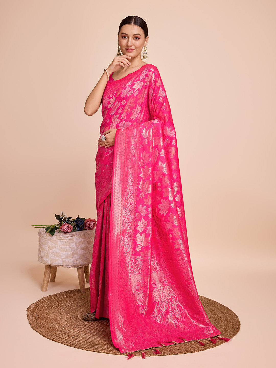 Pink Pure Silk Saree with Double Zari Weaving & Soft Zari Border