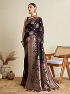 Soft Satin Silk Wine  Saree with Rich Zari Motifs, Contrast Border & Elegant Blouse