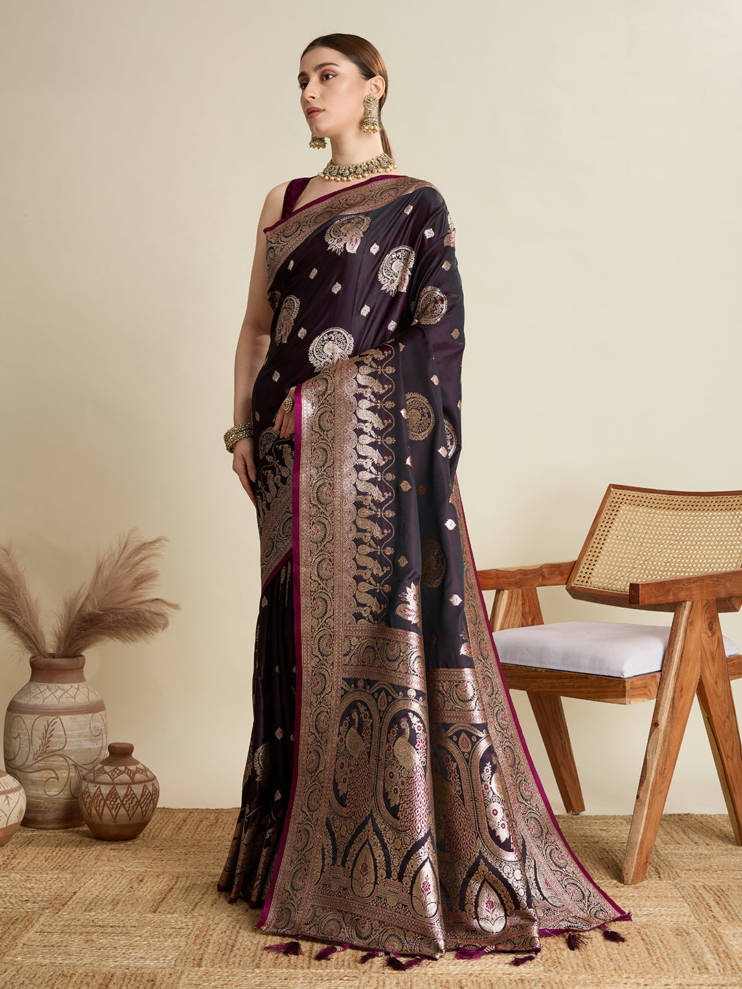 Soft Satin Silk Wine  Saree with Rich Zari Motifs, Contrast Border & Elegant Blouse