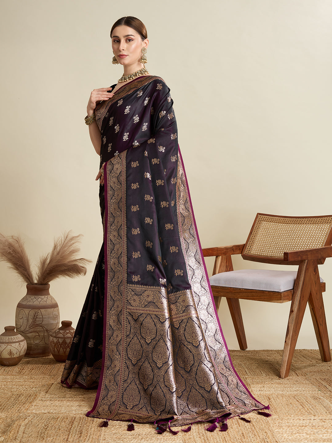 Soft Satin Silk Wine  Saree with Rich Zari Motifs, Contrast Border & Elegant Blouse