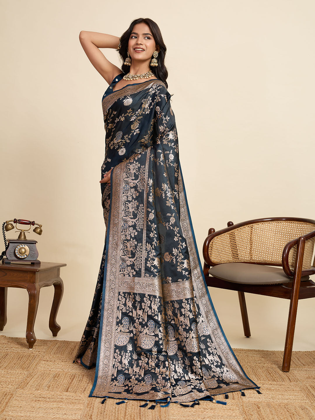 Premium Black Two-Tone Satin Soft Silk Saree with All Over Zari Work & Contrast Woven Border