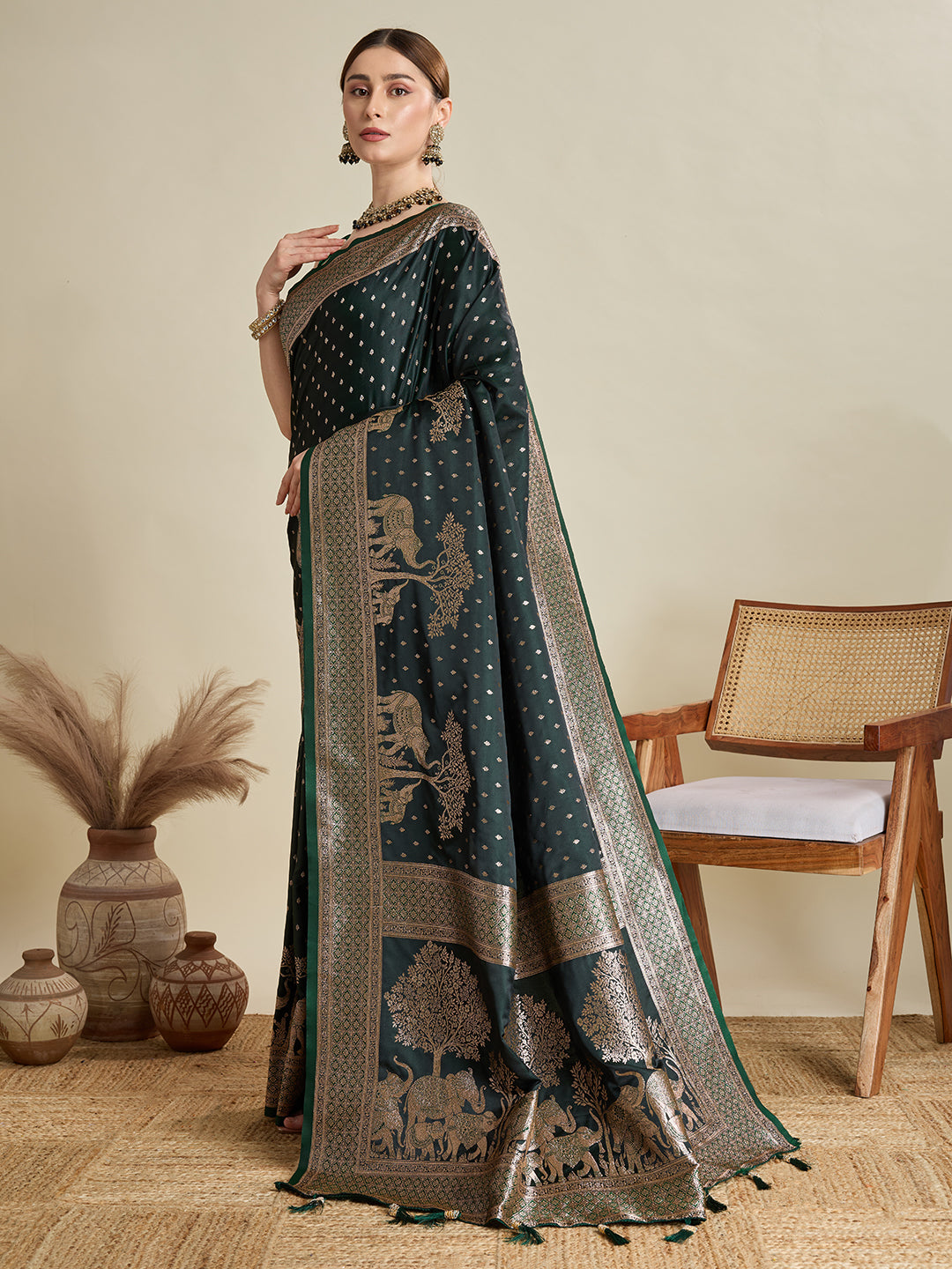 Soft Satin Silk Green Saree with Rich Zari Motifs, Contrast Border & Elegant Blouse