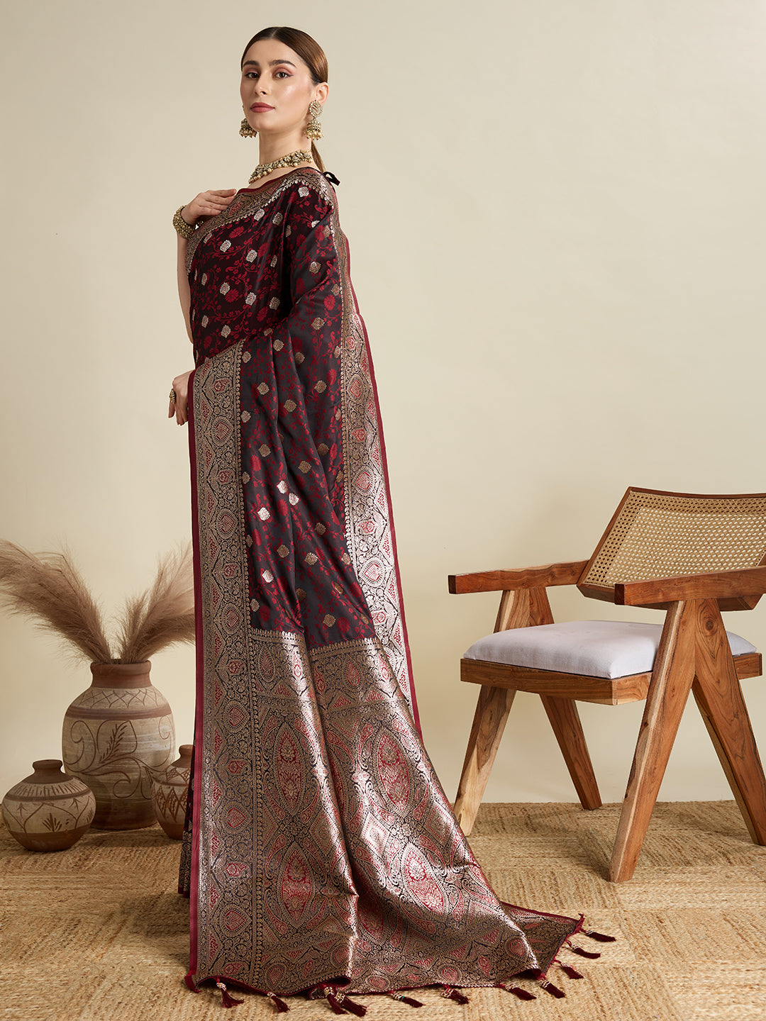 Soft Satin Silk Maroon Saree with Rich Zari Motifs, Contrast Border & Elegant Blouse