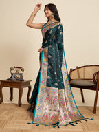 Green Soft Silk Saree in Premium Two-Tone Satin with Paithani Design, Rich Zari Pallu & Contrast Mina Border