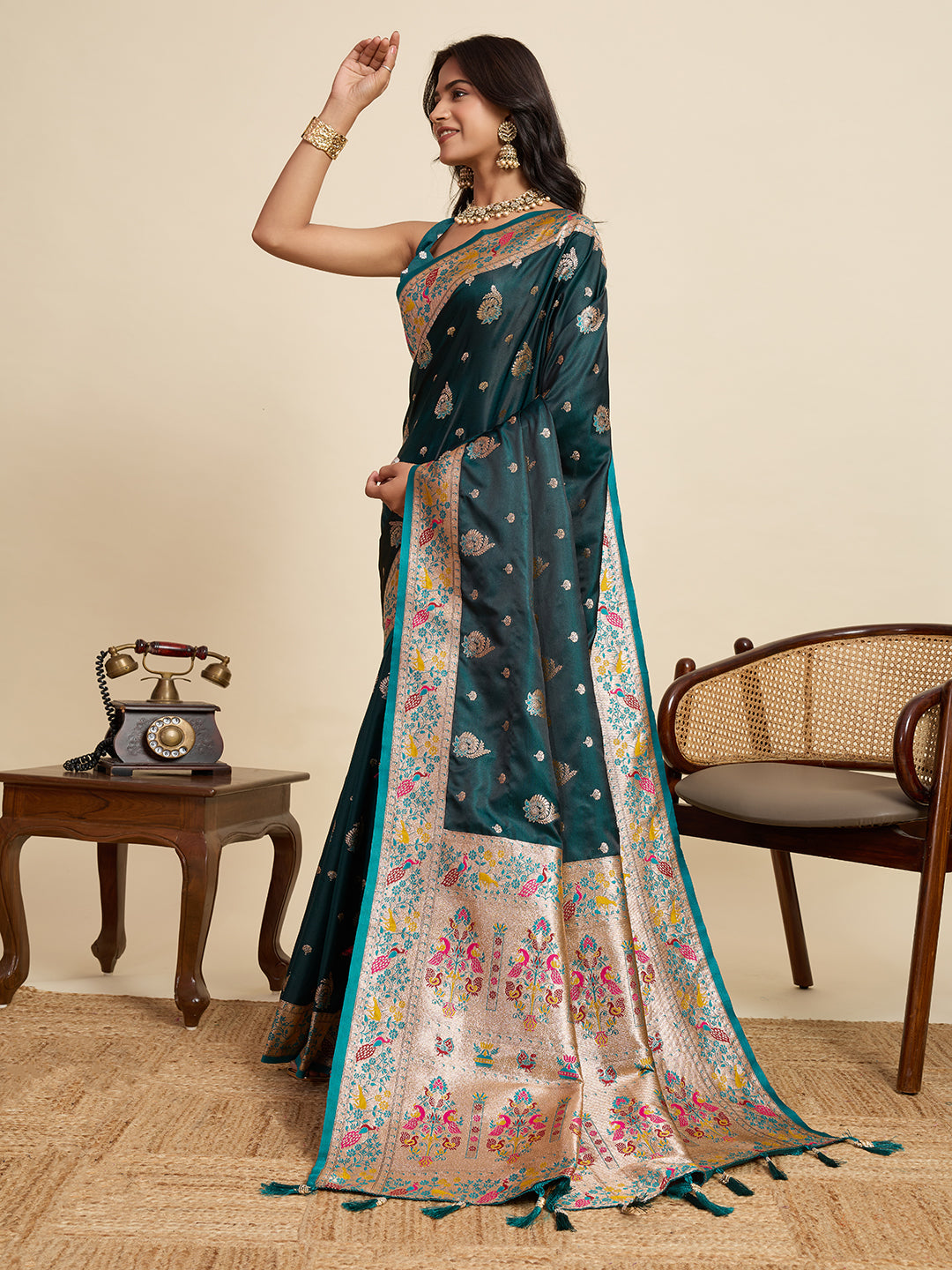 Green Soft Silk Saree in Premium Two-Tone Satin with Paithani Design, Rich Zari Pallu & Contrast Mina Border
