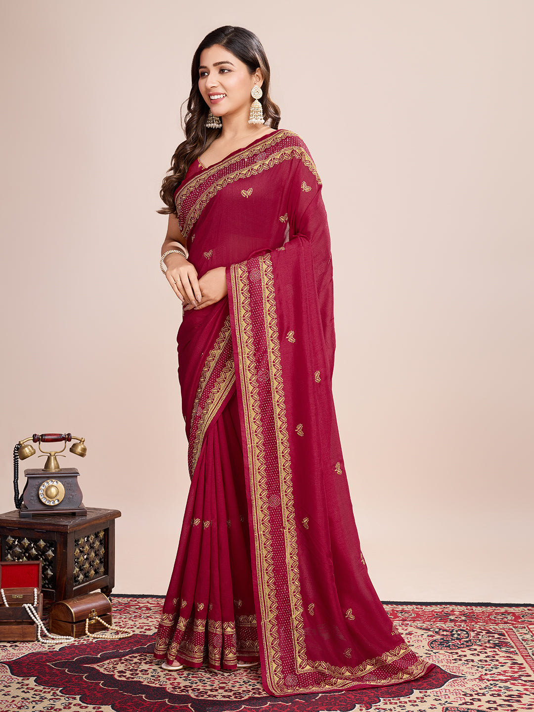 Soft Vichitra Silk MAroon Saree with Intricate Multicolor Floral Work & Coordinated Embroidered