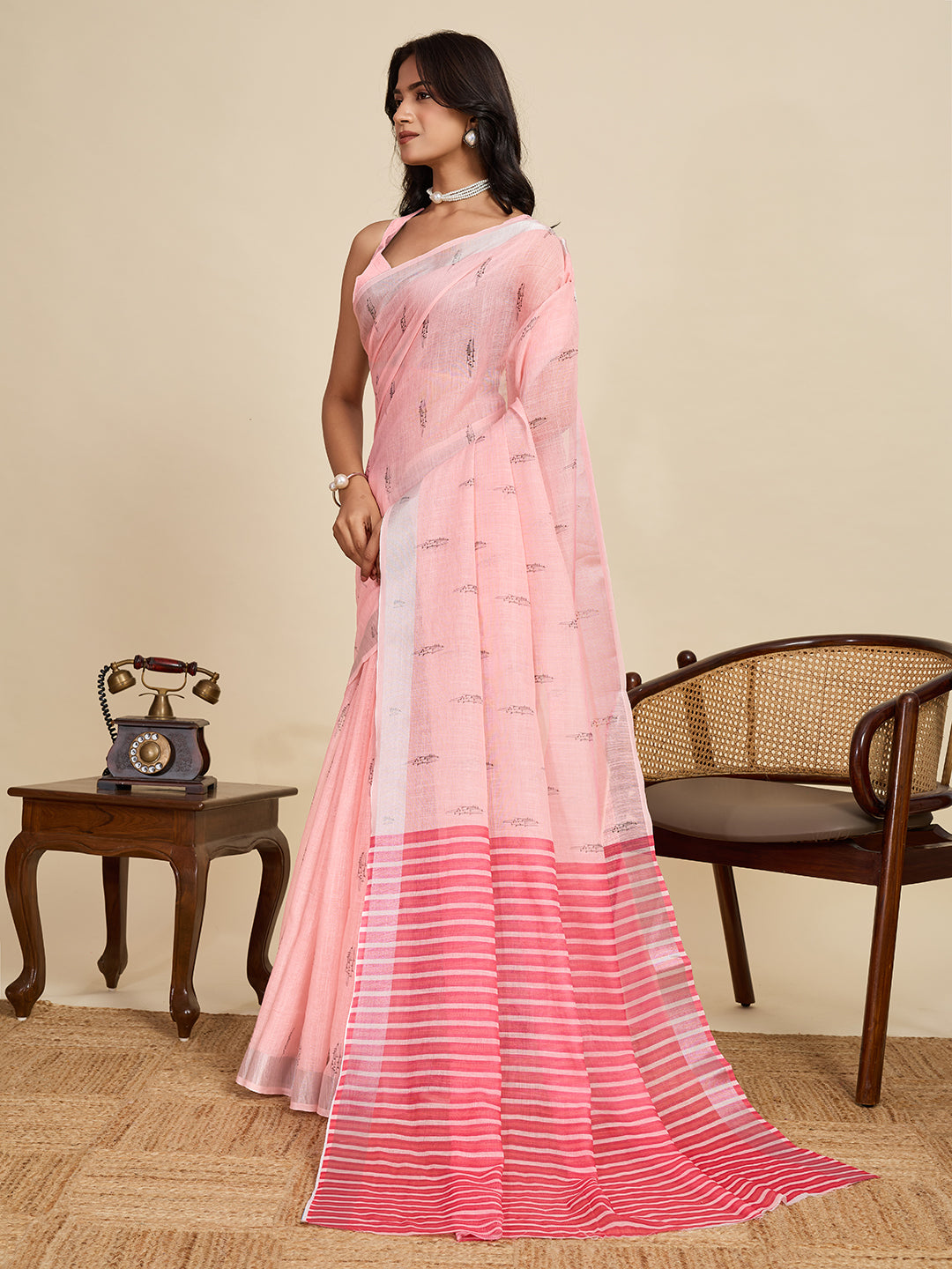 Women's Baby Pink Linen Saree with Jari Border and Blouse – Printed All Over Design