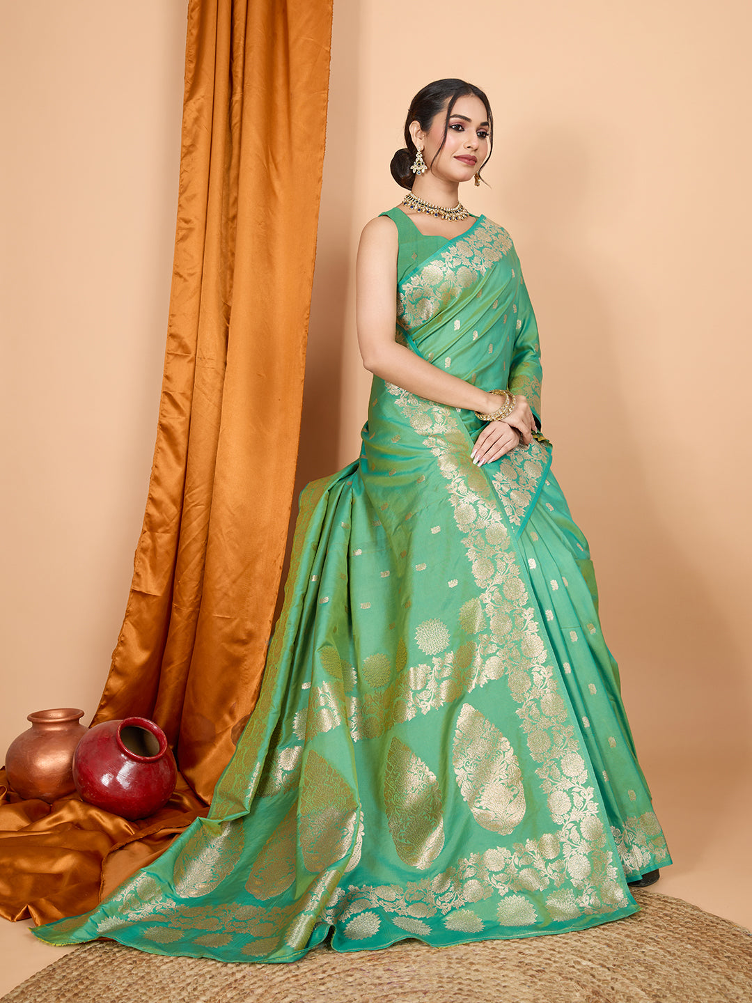 Green Soft Banarasi Silk Saree Featuring Meenakari Zari Weaving & Tassels on Pallu