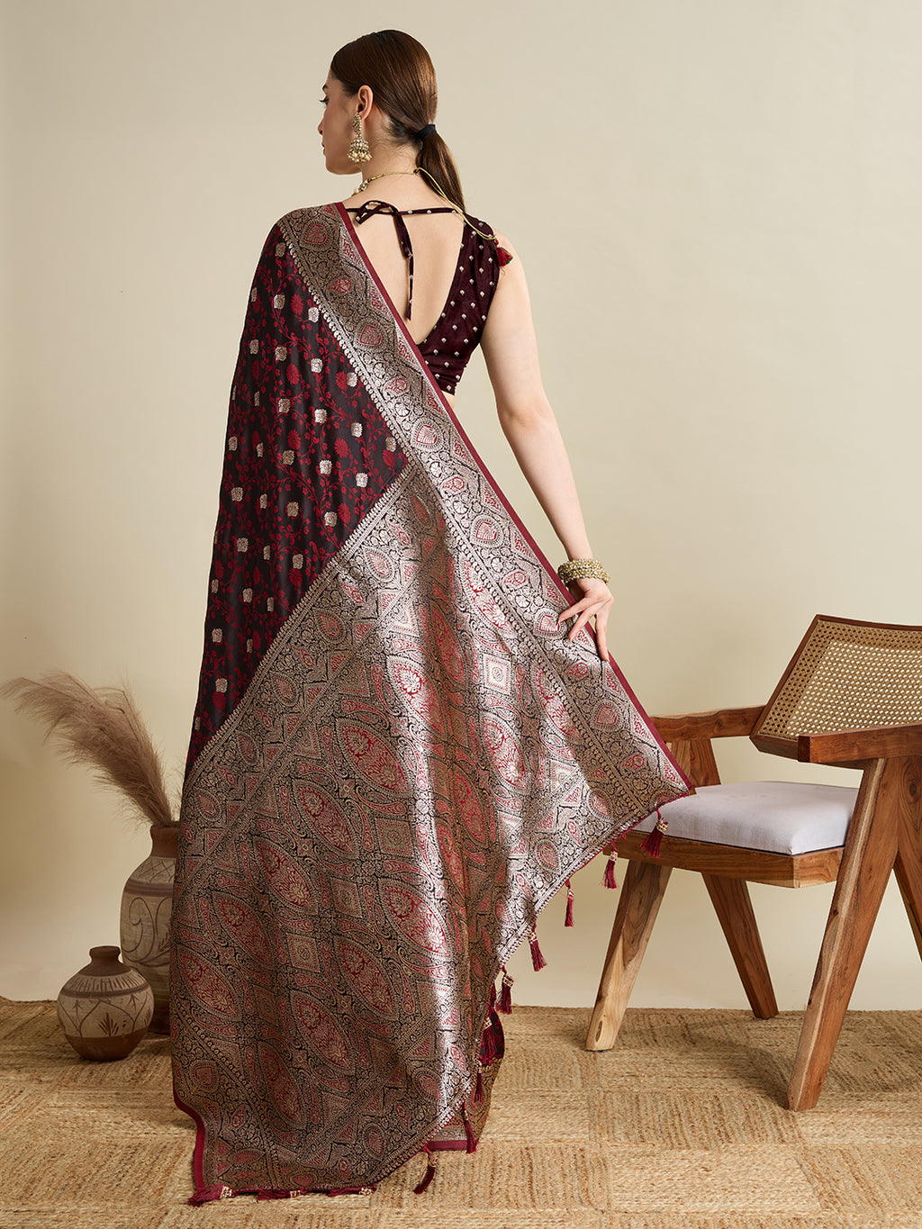 Soft Satin Silk Maroon Saree with Rich Zari Motifs, Contrast Border & Elegant Blouse