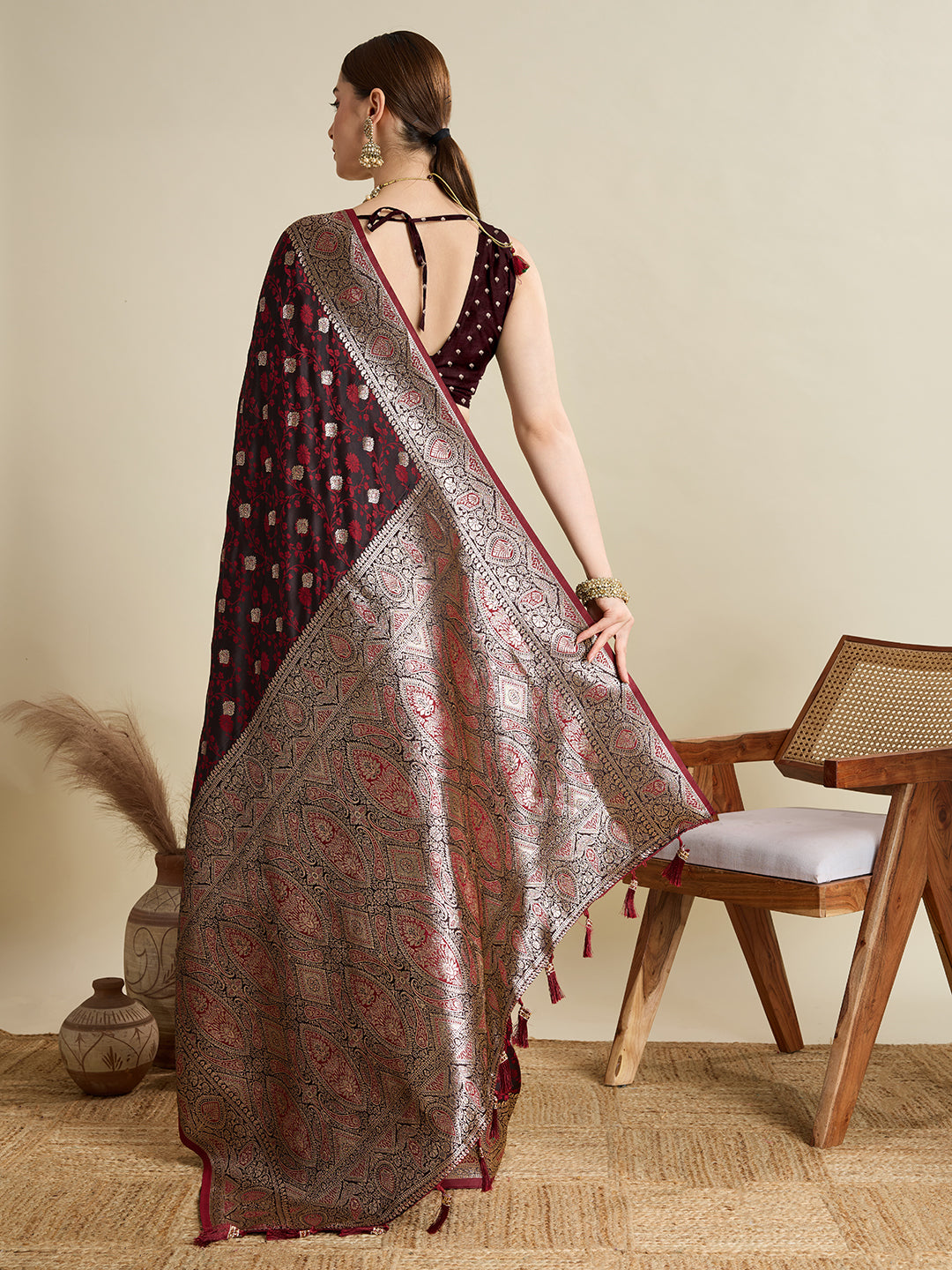 Soft Satin Silk Maroon Saree with Rich Zari Motifs, Contrast Border & Elegant Blouse