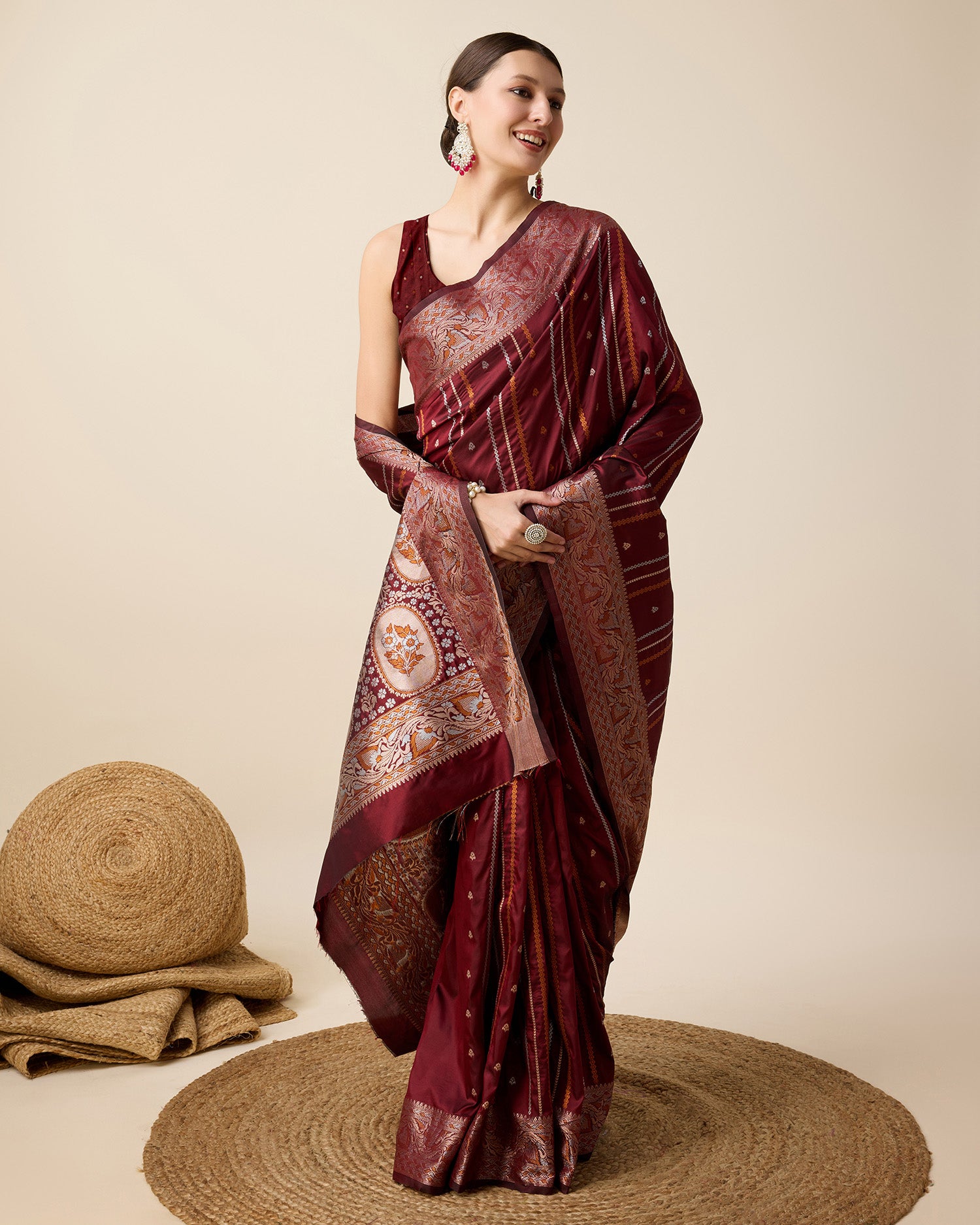 Maroon Pure Jacquard with Sona Chandi Zari – A Luxe Weave for Wedding & Festive Couture