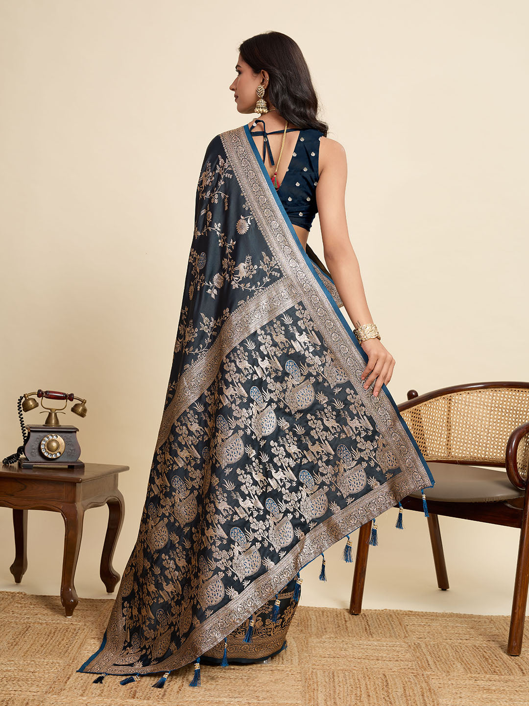 Premium Black Two-Tone Satin Soft Silk Saree with All Over Zari Work & Contrast Woven Border
