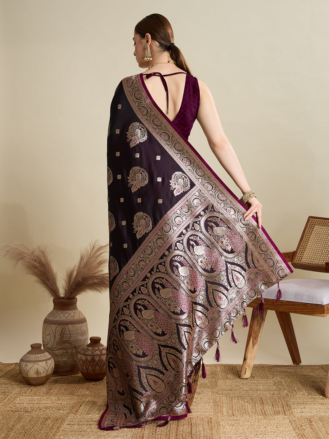 Soft Satin Silk Wine  Saree with Rich Zari Motifs, Contrast Border & Elegant Blouse