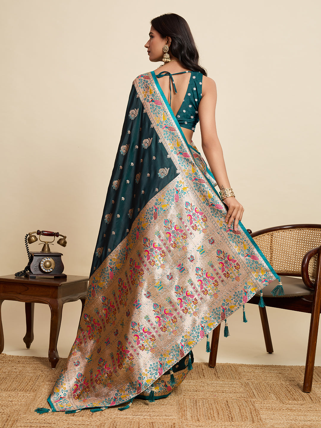 Green Soft Silk Saree in Premium Two-Tone Satin with Paithani Design, Rich Zari Pallu & Contrast Mina Border