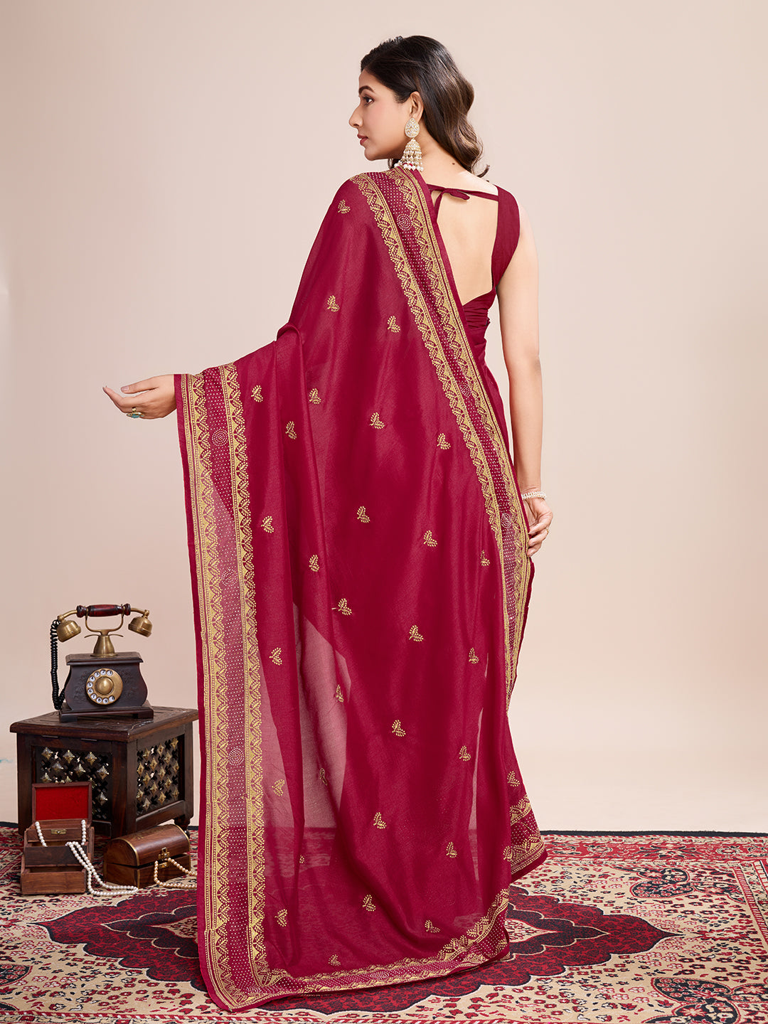 Soft Vichitra Silk MAroon Saree with Intricate Multicolor Floral Work & Coordinated Embroidered