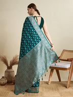 Soft Satin Silk Navy blue Saree with Rich Zari Motifs, Contrast Border & Elegant Blouse
