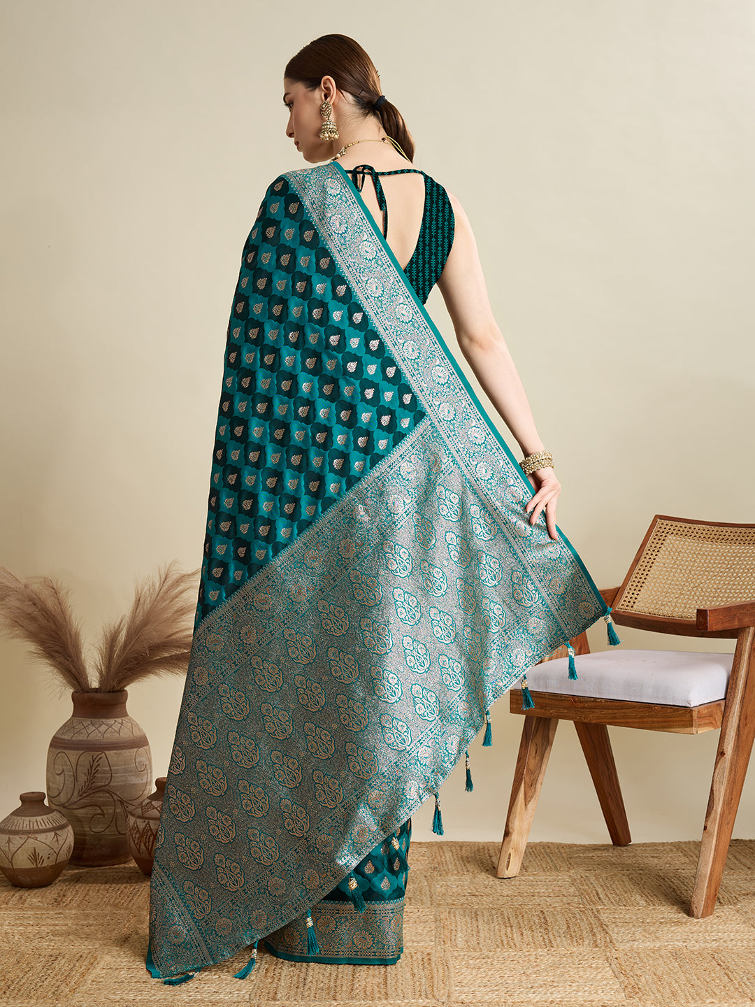 Soft Satin Silk Navy blue Saree with Rich Zari Motifs, Contrast Border & Elegant Blouse