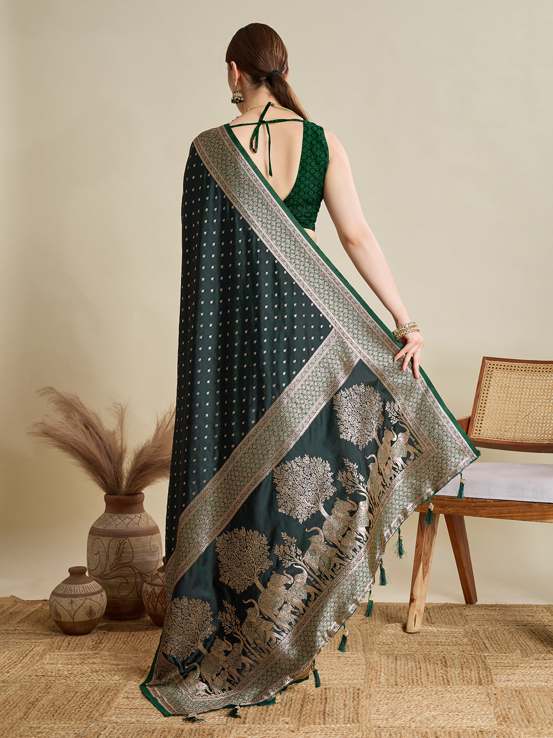 Soft Satin Silk Green Saree with Rich Zari Motifs, Contrast Border & Elegant Blouse