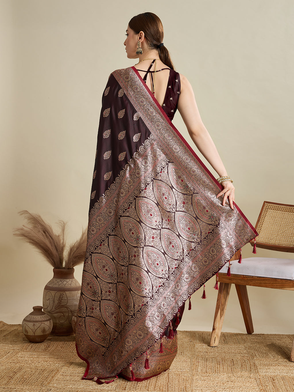Soft Satin Silk Maroon Saree with Rich Zari Motifs, Contrast Border & Elegant Blouse
