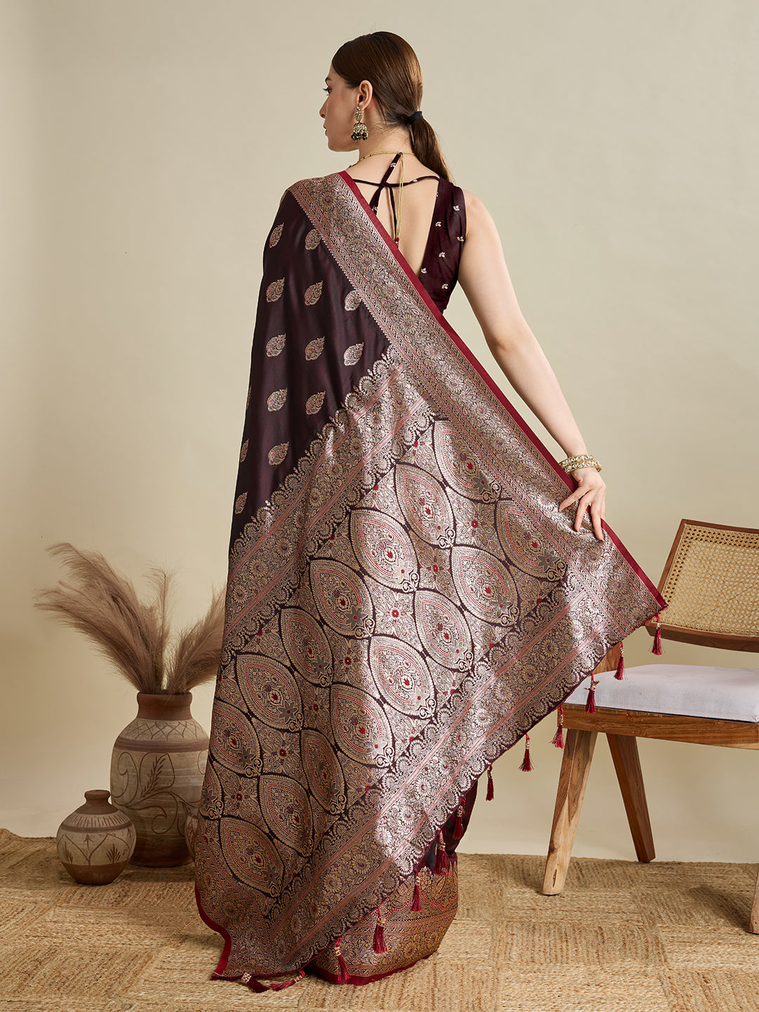 Soft Satin Silk Maroon Saree with Rich Zari Motifs, Contrast Border & Elegant Blouse