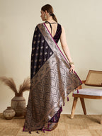 Soft Satin Silk Wine  Saree with Rich Zari Motifs, Contrast Border & Elegant Blouse