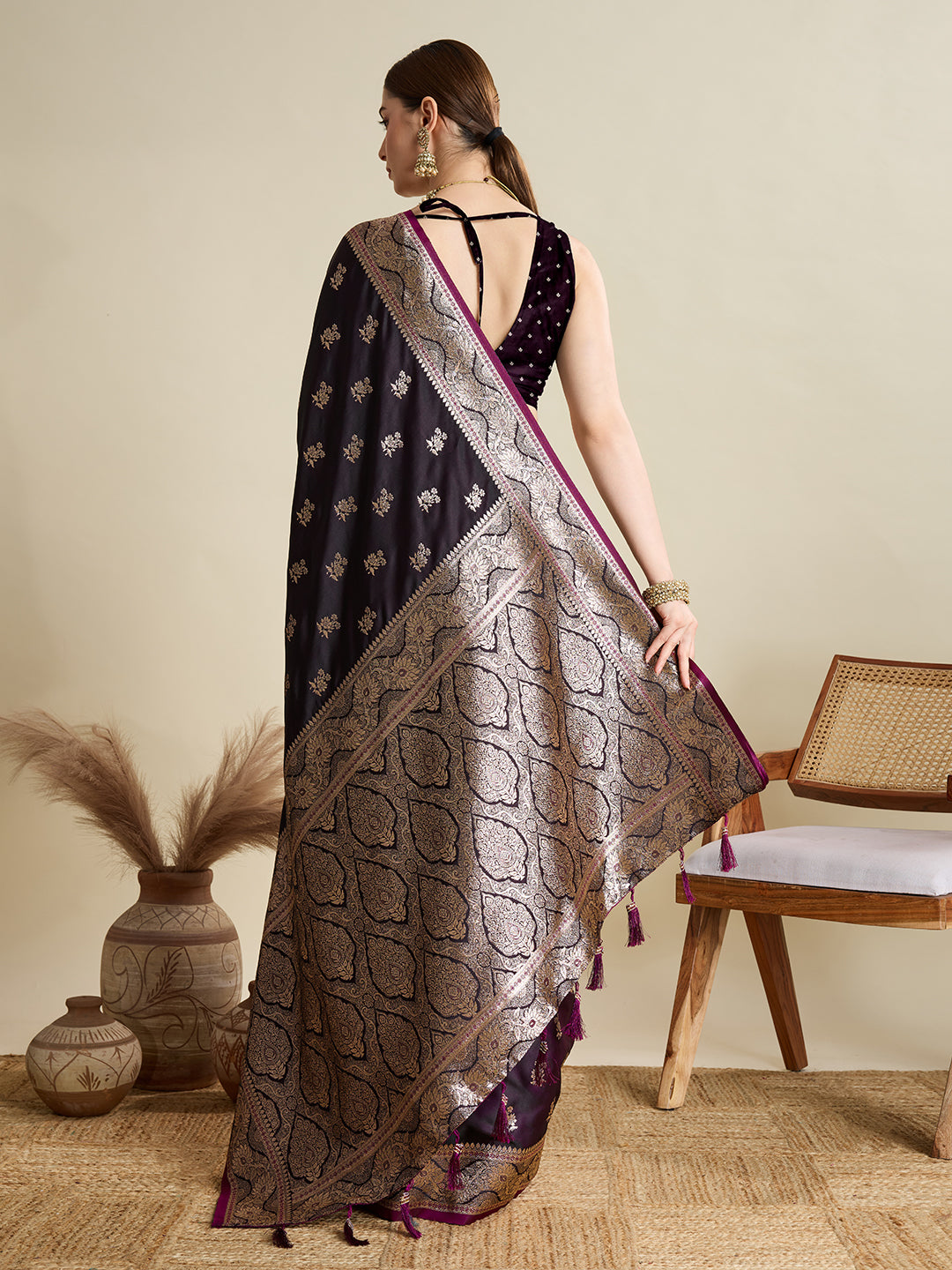 Soft Satin Silk Wine  Saree with Rich Zari Motifs, Contrast Border & Elegant Blouse