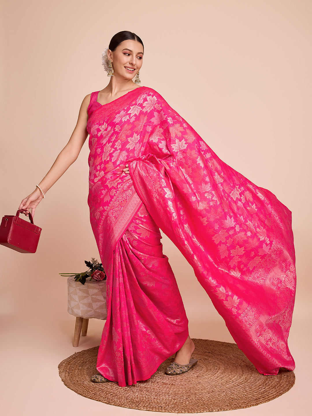 Pink Pure Silk Saree with Double Zari Weaving & Soft Zari Border