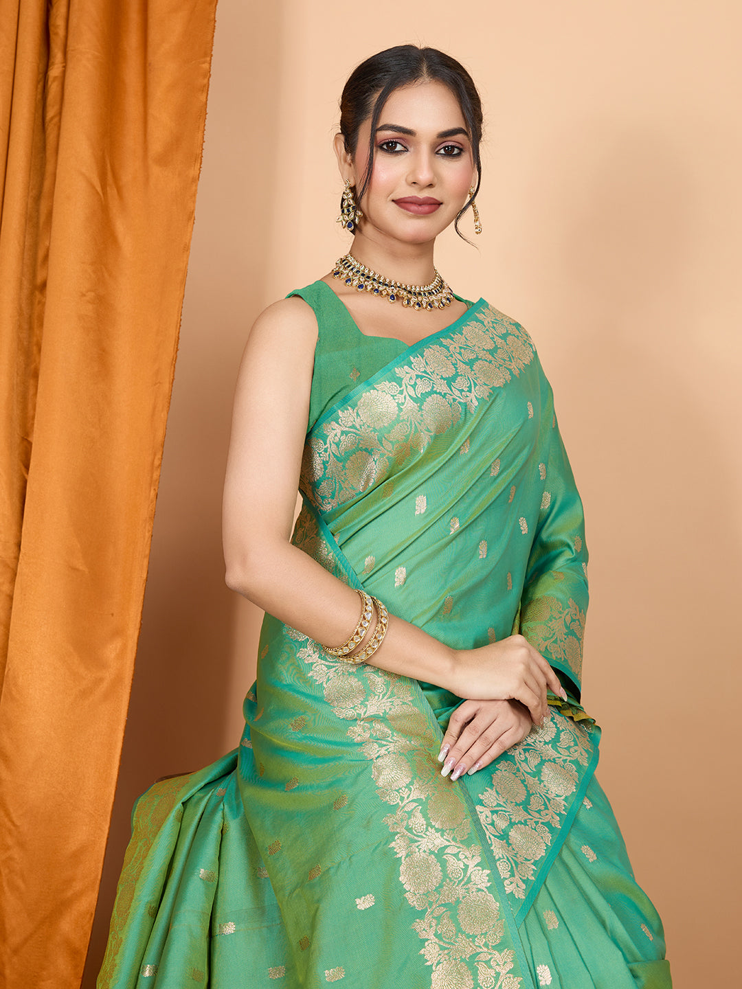 Green Soft Banarasi Silk Saree Featuring Meenakari Zari Weaving & Tassels on Pallu