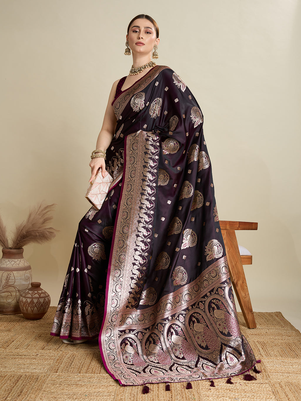 Soft Satin Silk Wine  Saree with Rich Zari Motifs, Contrast Border & Elegant Blouse