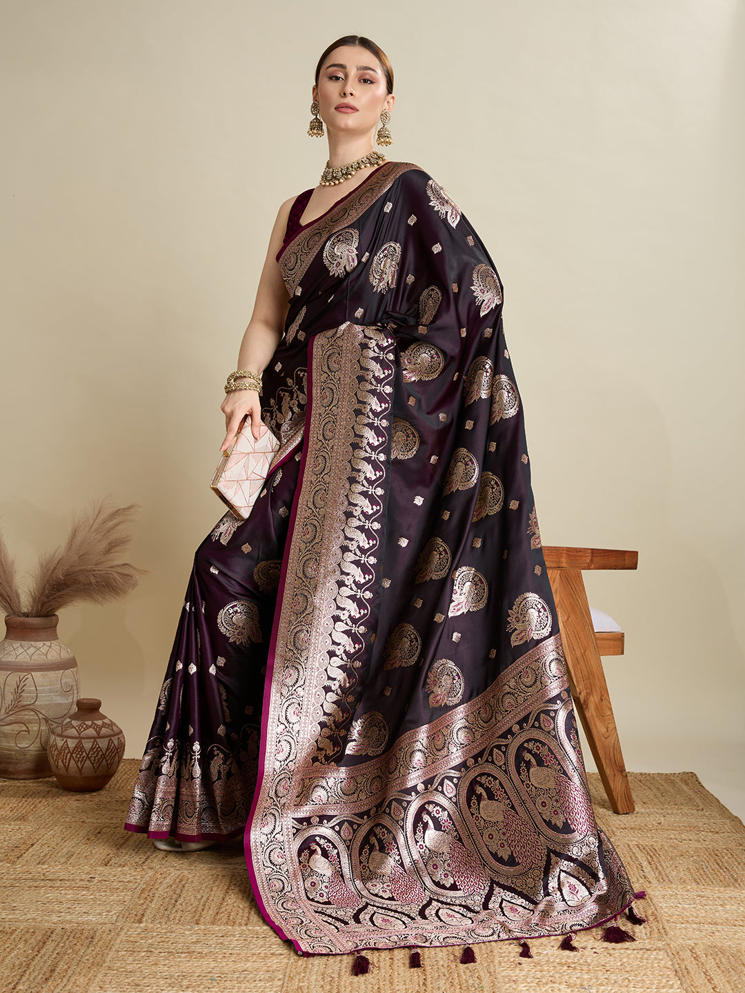 Soft Satin Silk Wine  Saree with Rich Zari Motifs, Contrast Border & Elegant Blouse
