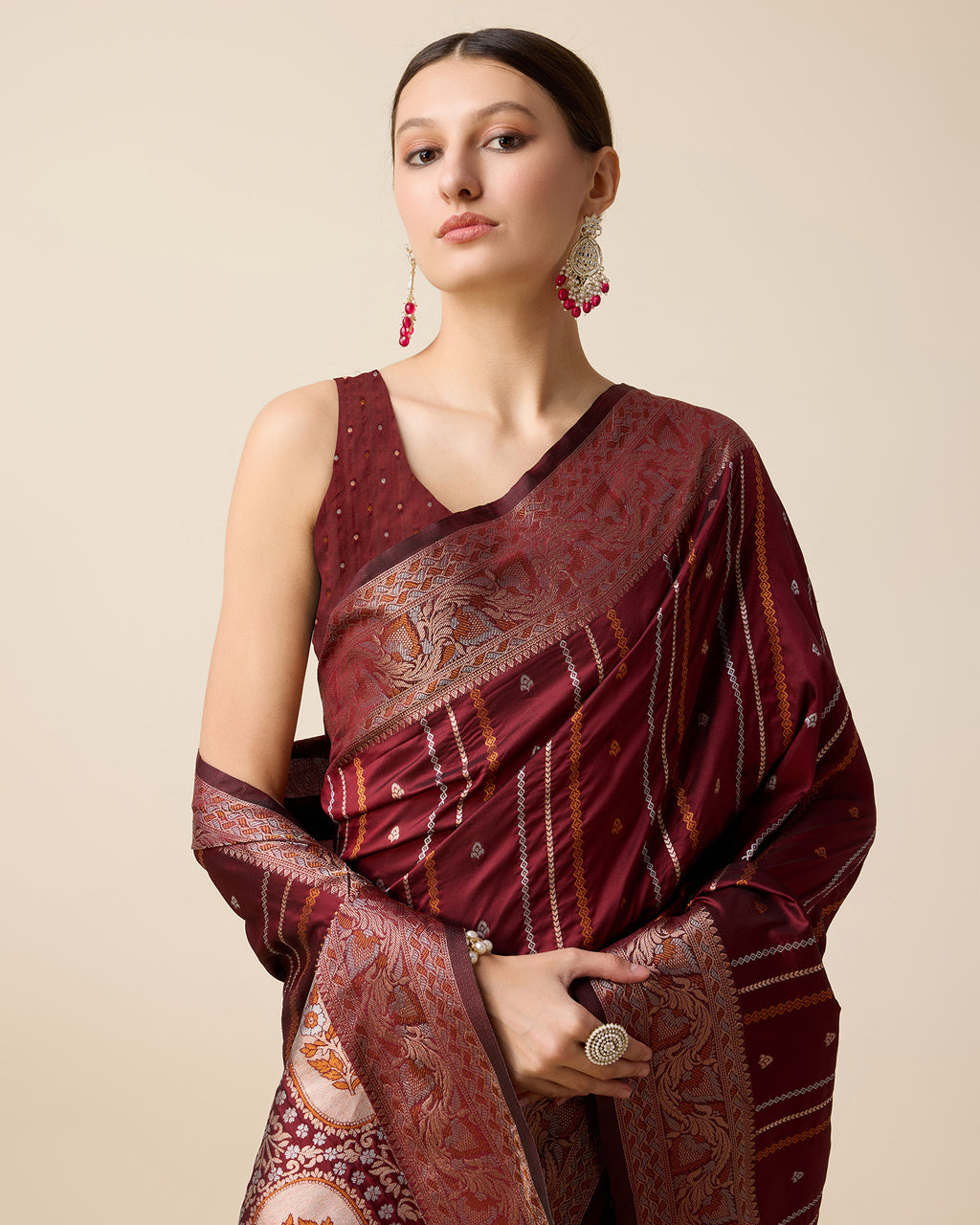 Maroon Pure Jacquard with Sona Chandi Zari – A Luxe Weave for Wedding & Festive Couture