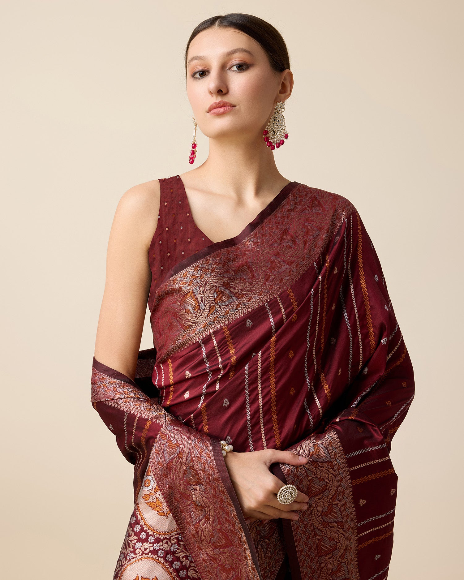 Maroon Pure Jacquard with Sona Chandi Zari – A Luxe Weave for Wedding & Festive Couture