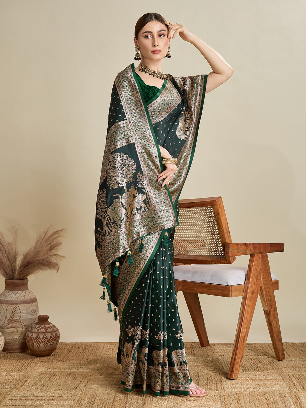 Soft Satin Silk Green Saree with Rich Zari Motifs, Contrast Border & Elegant Blouse