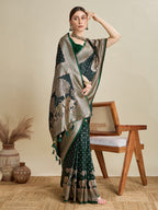 Soft Satin Silk Green Saree with Rich Zari Motifs, Contrast Border & Elegant Blouse