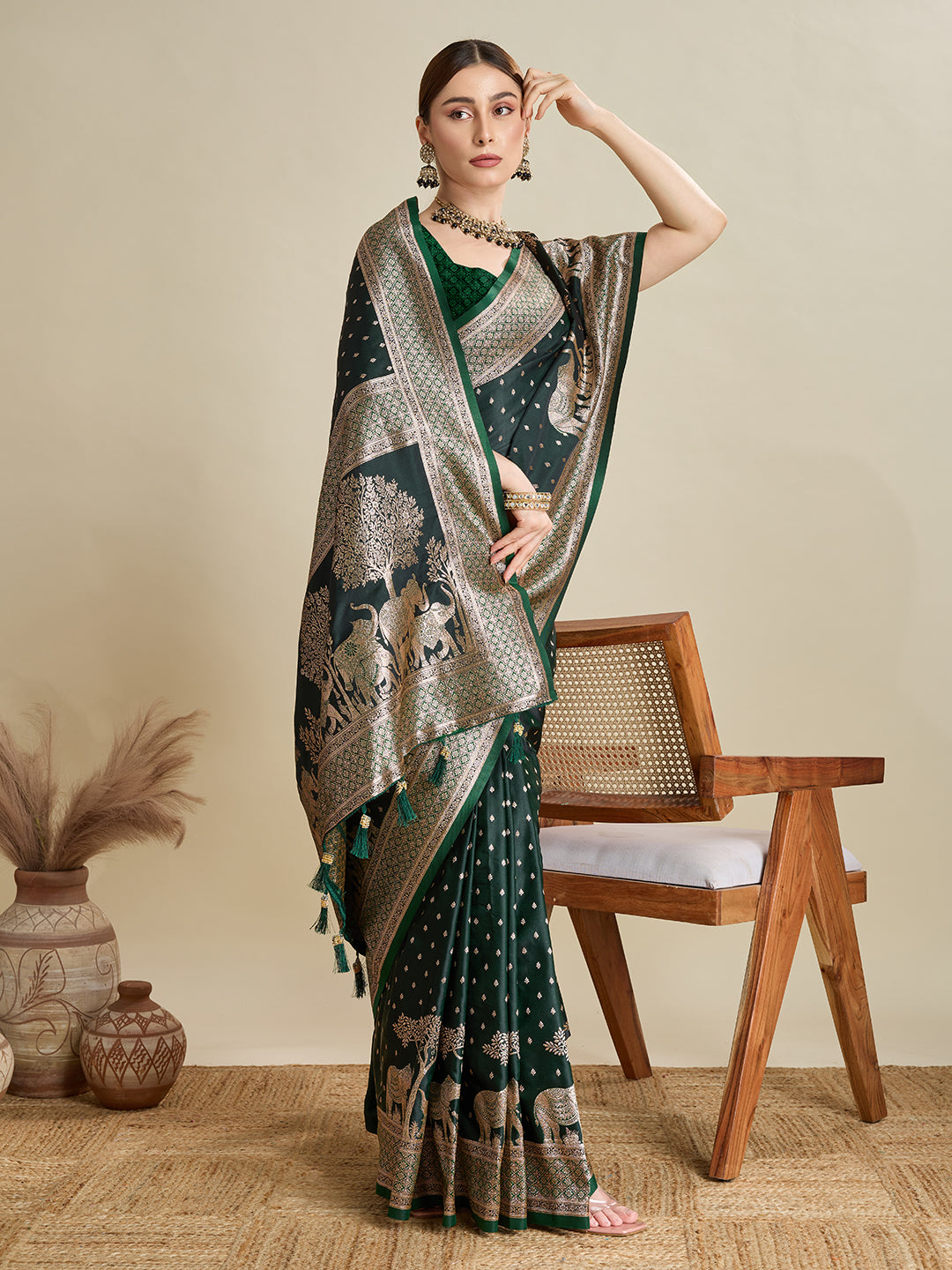 Soft Satin Silk Green Saree with Rich Zari Motifs, Contrast Border & Elegant Blouse