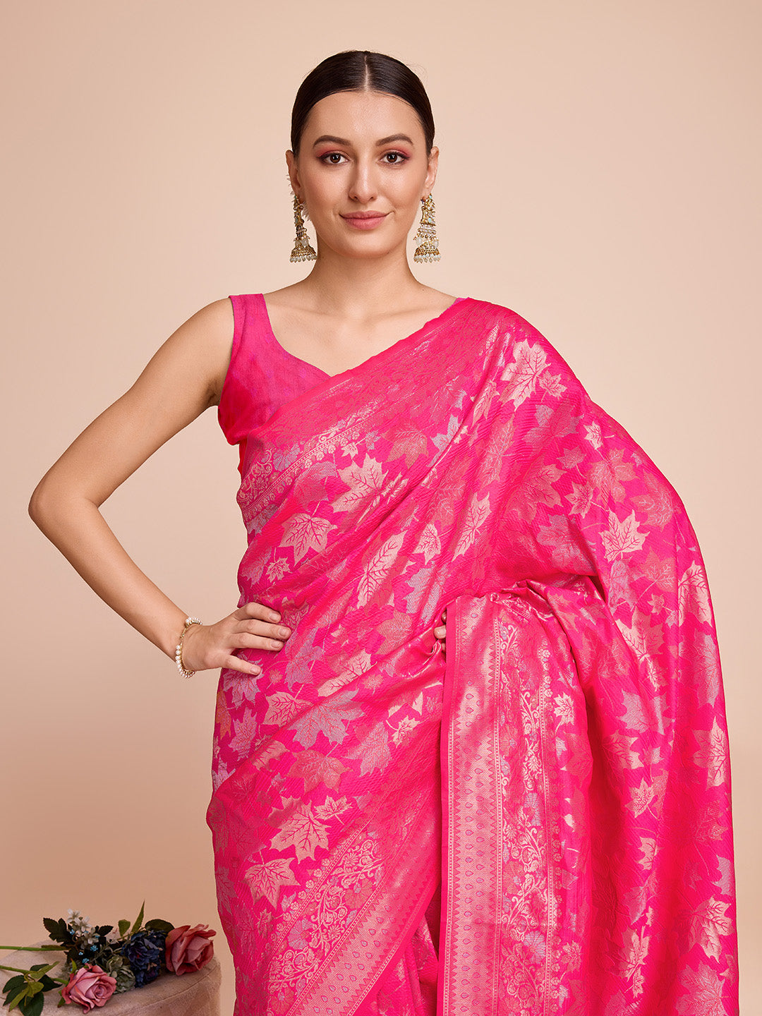 Pink Pure Silk Saree with Double Zari Weaving & Soft Zari Border
