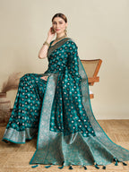 Soft Satin Silk Navy blue Saree with Rich Zari Motifs, Contrast Border & Elegant Blouse