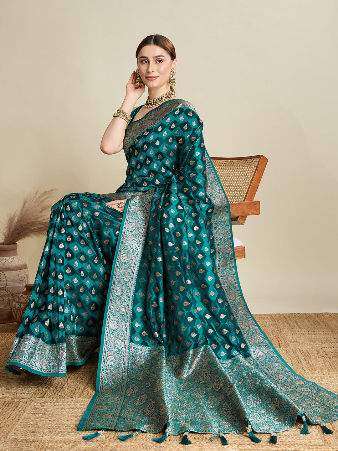 Soft Satin Silk Navy blue Saree with Rich Zari Motifs, Contrast Border & Elegant Blouse